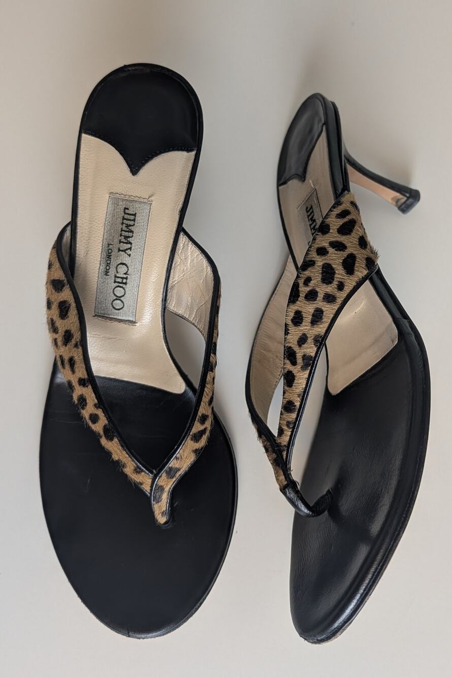 Jimmy Choo Y2K Vintage Leopard Calf Hair Thong Sandals Heels 37.5